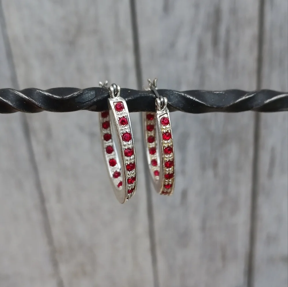 Modern Oval Silver Tone Red Rhinestones Hoop Earrings